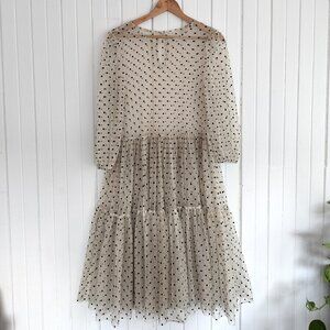 H&M Black & Beige Dotted Mesh Sheer Puff Sleeve Dress – Size L